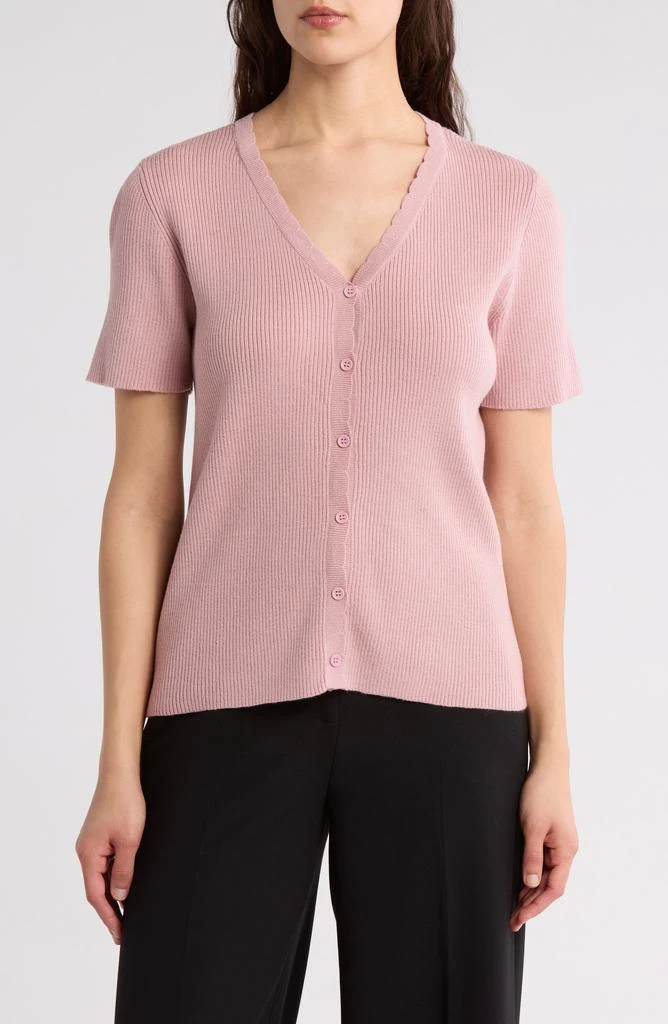 DR2 by Daniel Rainn Scalloped V-Neck Short Sleeve Ribbed Sweater 1