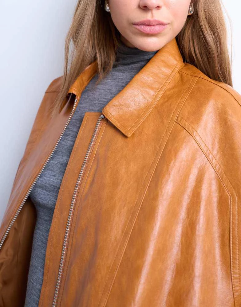 Topshop Topshop faux leather zip through seam detail jacket in tan 3