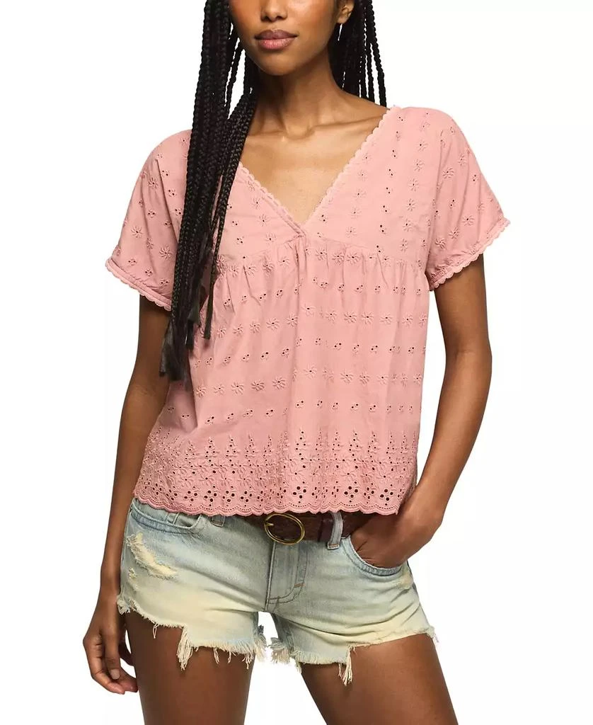 Lucky Brand Women
s Eyelet Babydoll V-Neck Top
