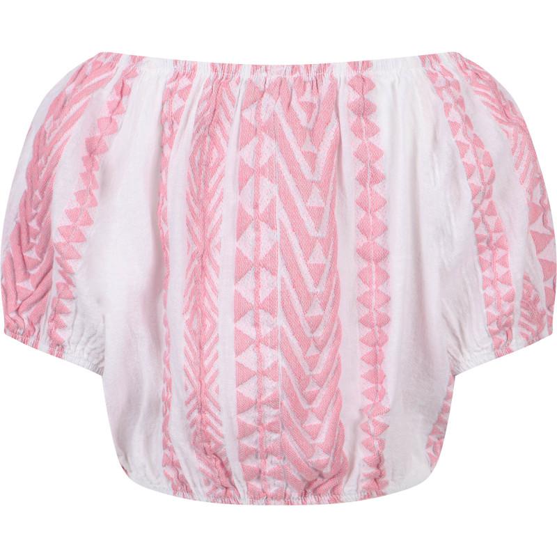 Devotion Geometric print cold shoulders cropped blouse in pink and white