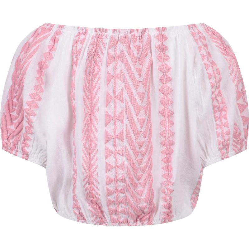 Devotion Geometric print cold shoulders cropped blouse in pink and white 2