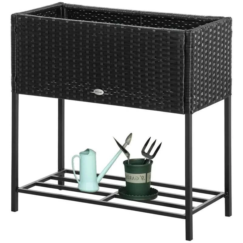 Hivvago Black Modern PE Rattan Wicker Raised Garden Bed Elevated Planter Box