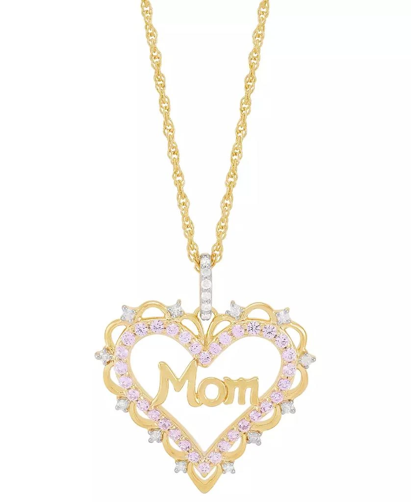 Macy
s Lab Created Pink Sapphire (3/8 ct. t.w.) 
Diamond (1/10 ct. t.w.) Mom Heart Pendant Necklace in 14k Yellow Gold-Plated Sterling Silver, 16" + 2" extender