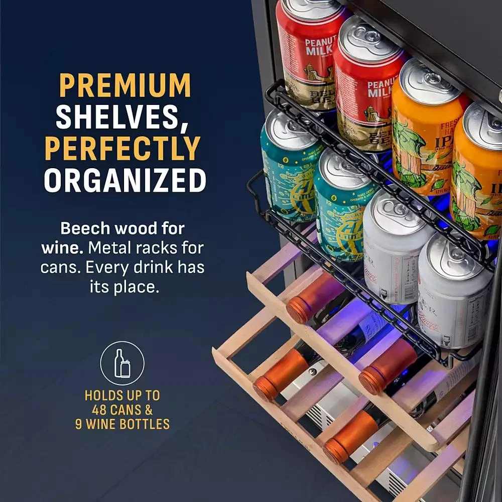Newair 15" Premium Built-in Dual Zone 9 Bottle and 48 Can Wine and Beverage Fridge in Stainless Steel with SplitShelf 3