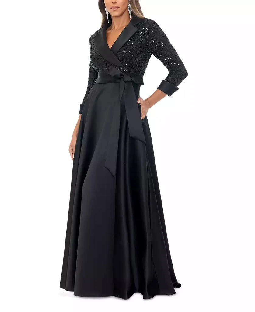 XSCAPE Women's Sequined Tuxedo Belted Ball Gown 3