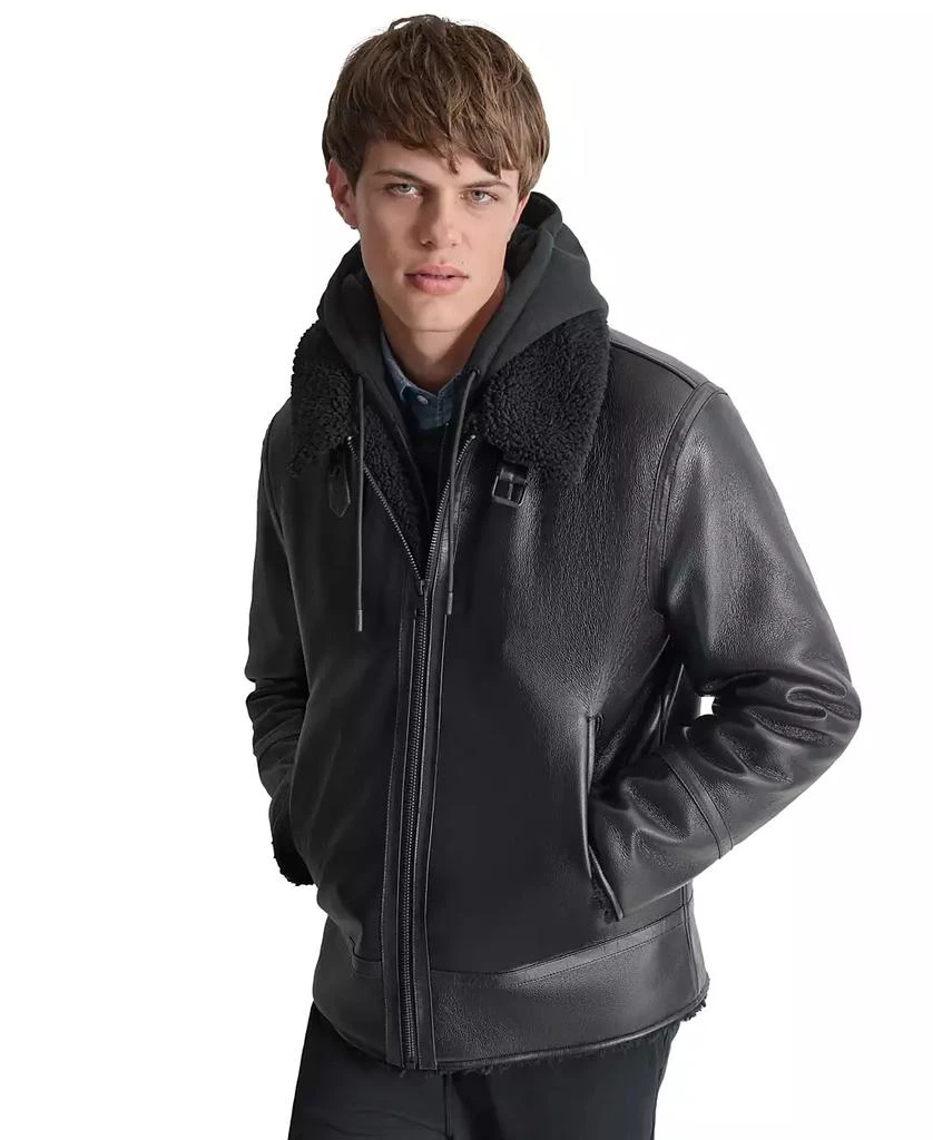DKNY Men's Faux Leather Jacket with Removable Faux Fur Bib 1