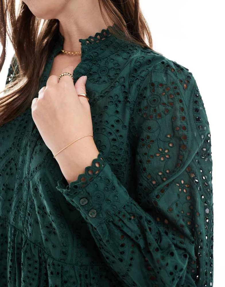 YAS YAS broderie mini smock dress in deep green - DGREEN 3