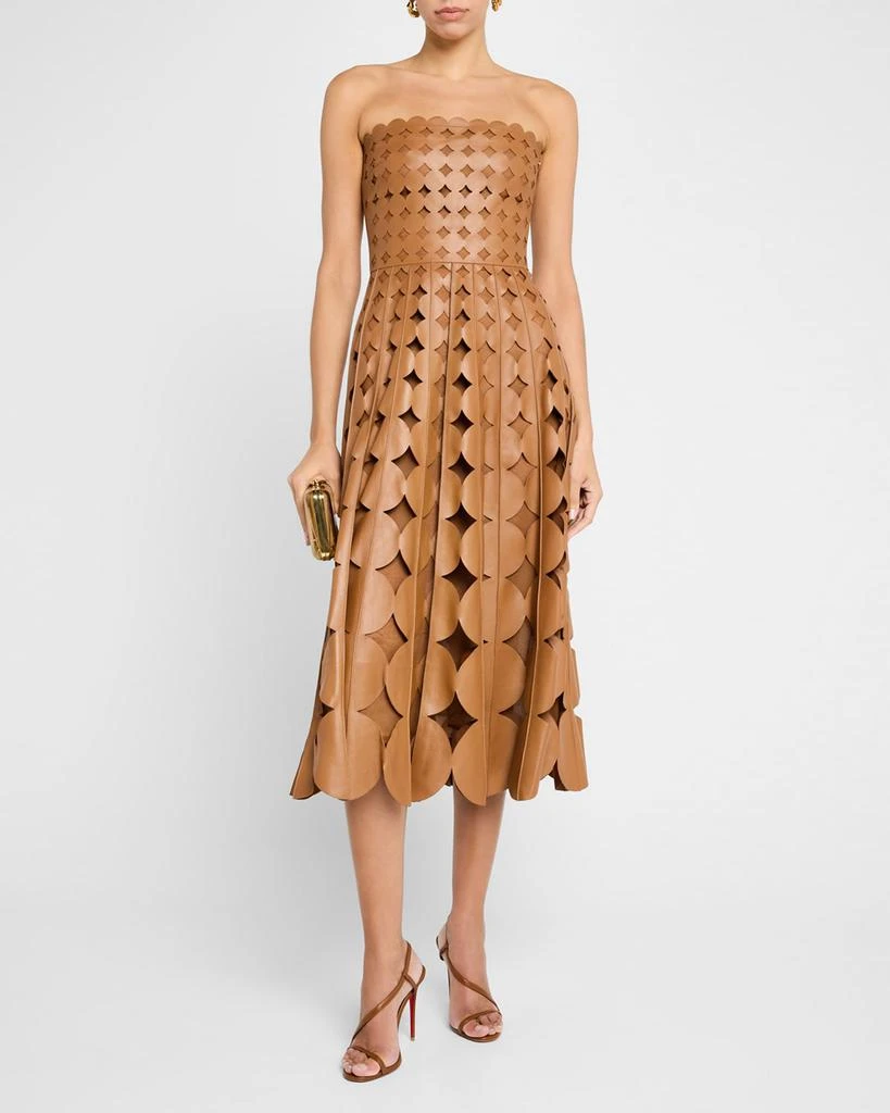 Oscar de la Renta Strapless Geo Cutout Leather Midi Dress 2