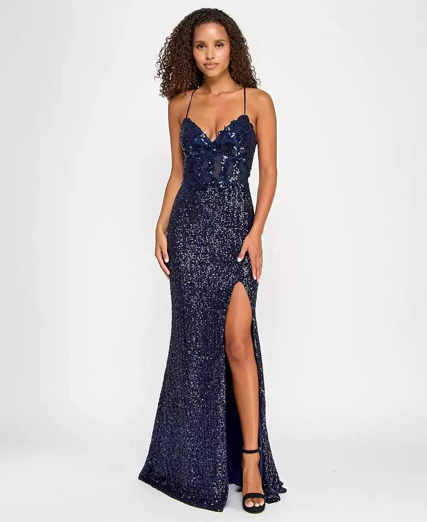 City Studios Juniors' Sequin Side-Slit Lace-Up Gown 1