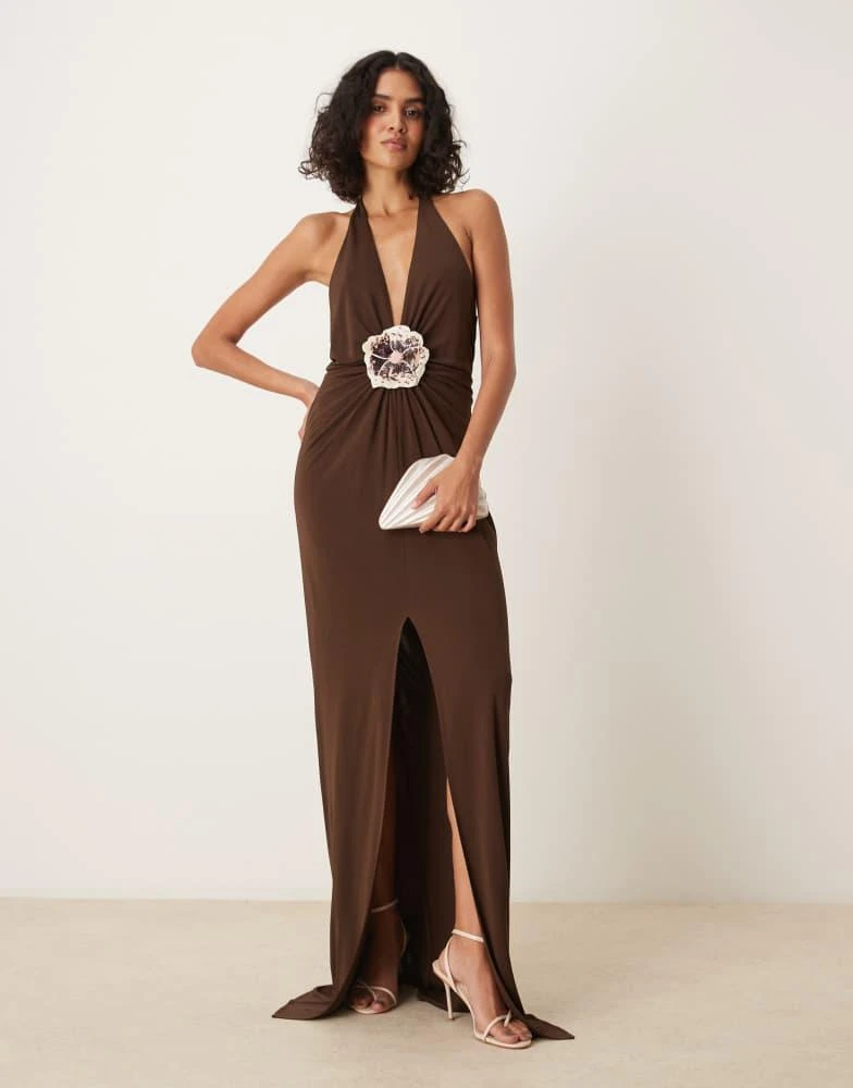Mango Mango premium halterneck sequin floral detail maxi dress in brown 4