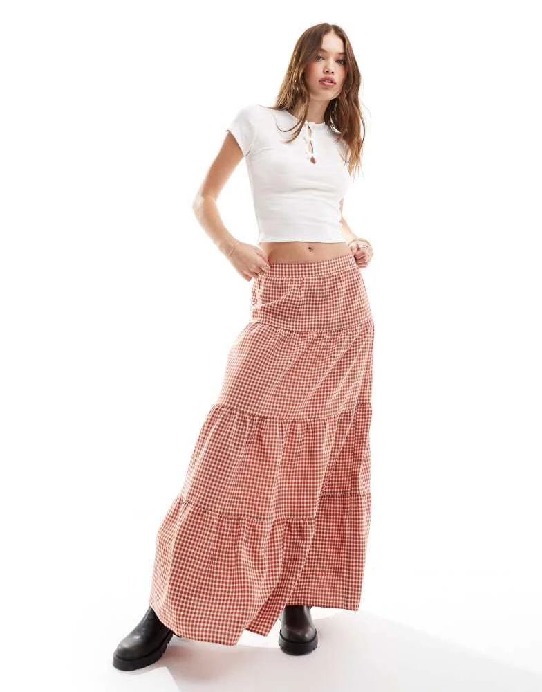 Miss Selfridge Miss Selfridge tiered maxi gingham skirt in rust 1