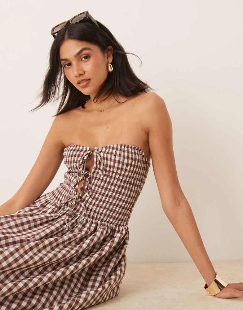 ASOS ASOS DESIGN shirred tie front bandeau maxi dress in chocolate gingham 2