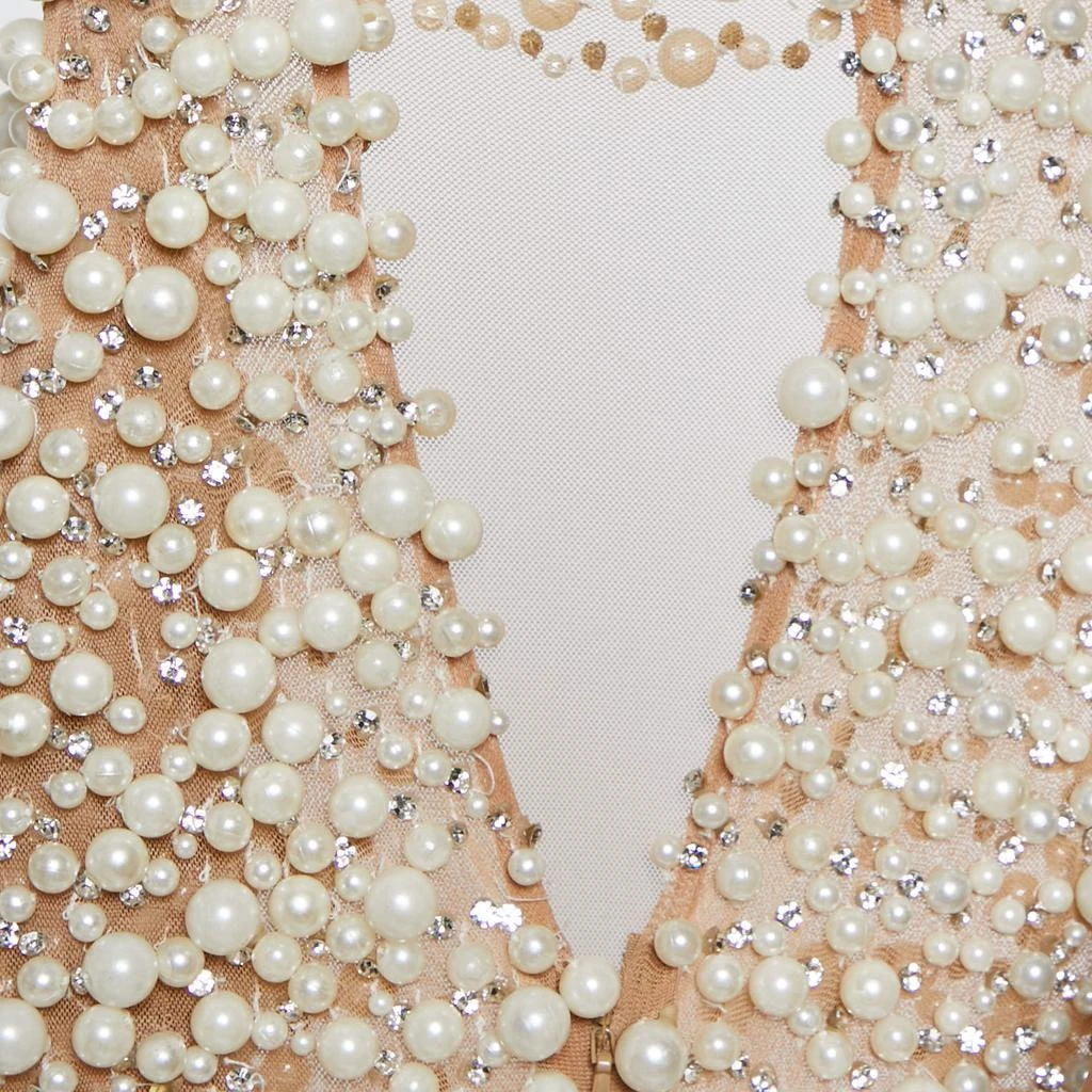 Yousef Al Jasmi Yousef Al Jasmi Cream Pearl Embellished Tulle Sheer Evening Dress S 3