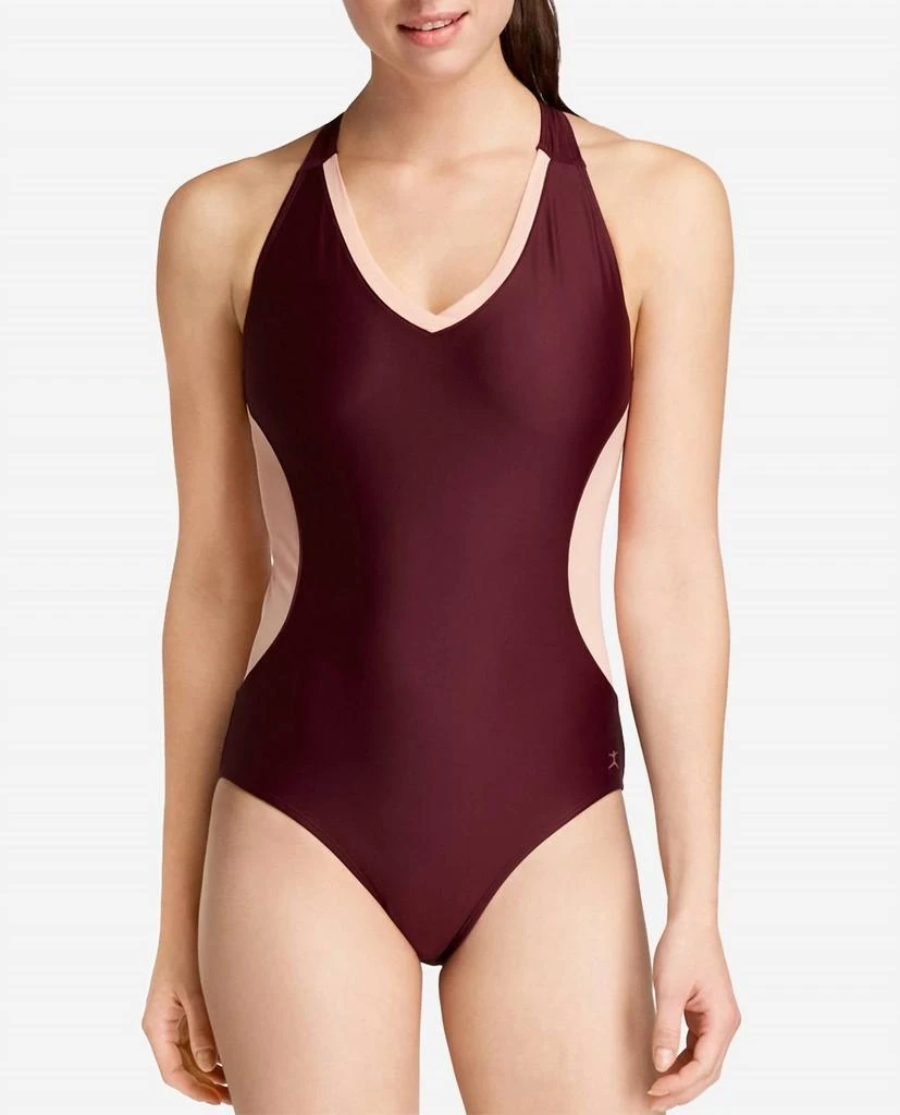 Danskin V-Neck Racerback Mesh Leotard One Piece In Fig 1