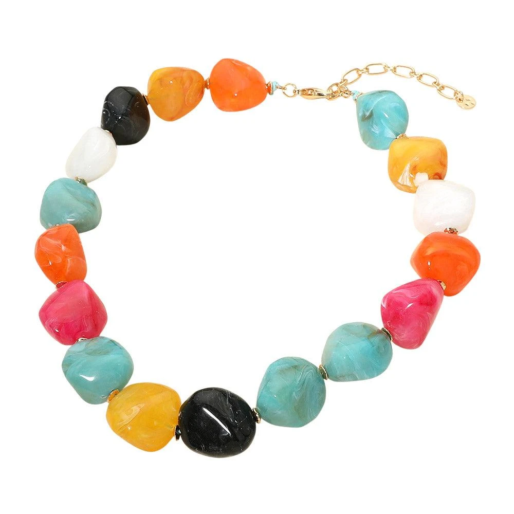 FASHNZFAB Chunky Marbled Resin Pebble Beaded Statement Necklace 2