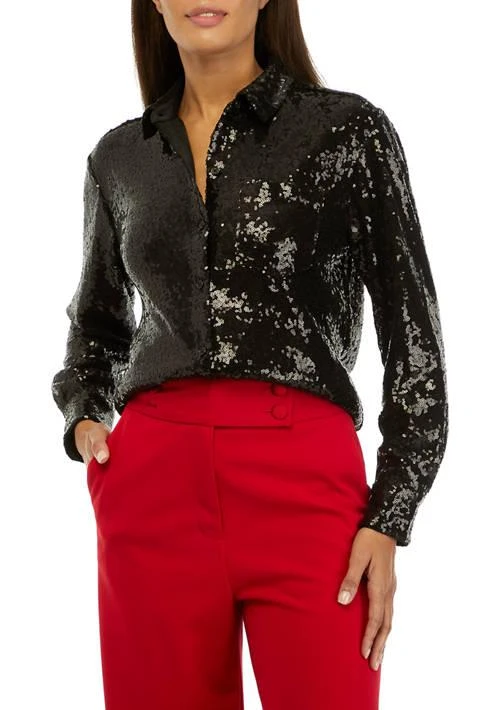 Crown & Ivy™ Ivy Petite Long Sleeve Sequin Boyfriend Shirt 1