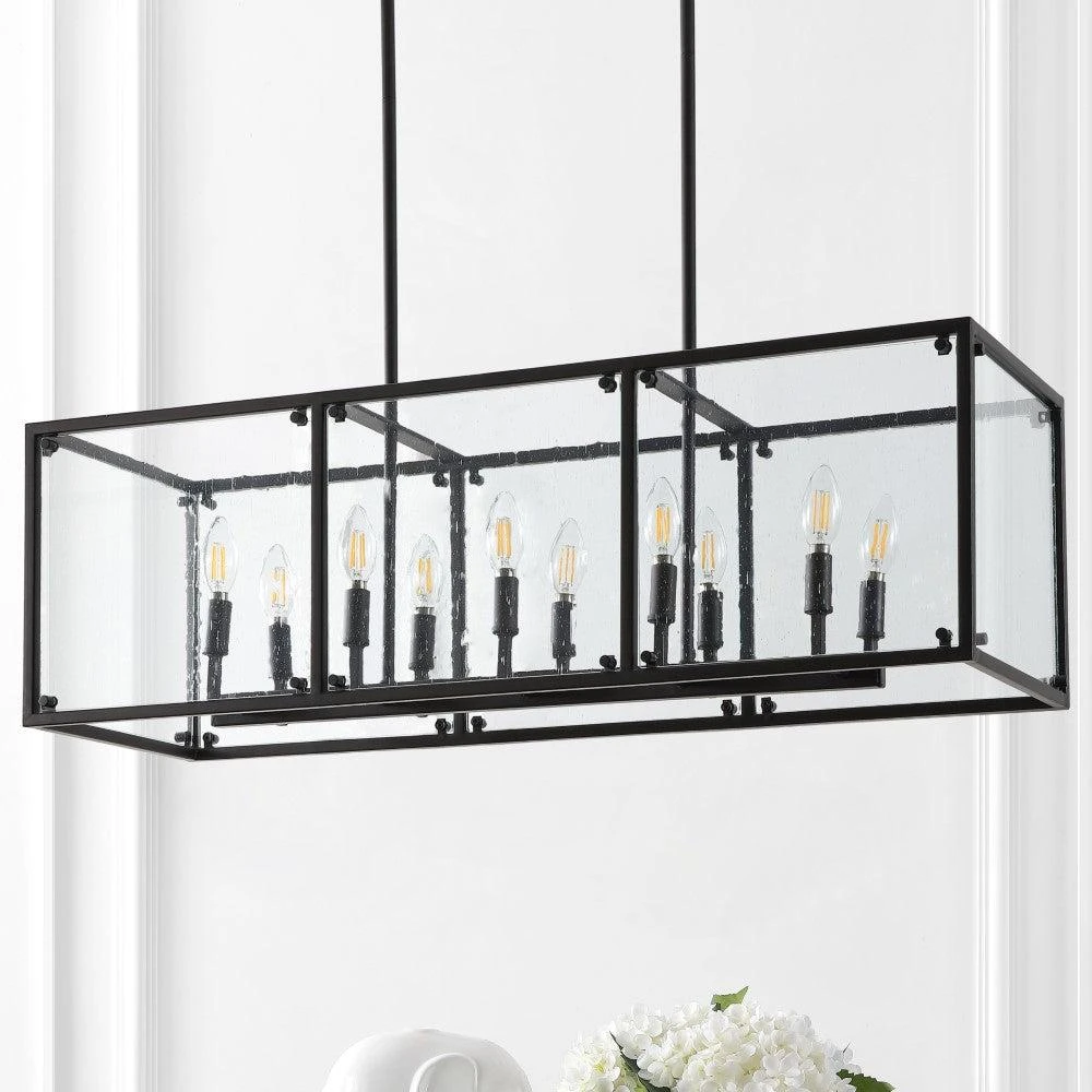 JONATHAN Y Paysan 35" Linear 10-Light Adjustable Iron/Seeded Glass Rustic Farmhouse LED Pendant 4