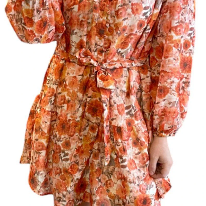 Umgee Floral Flounce Skirt Dress In Orange 2