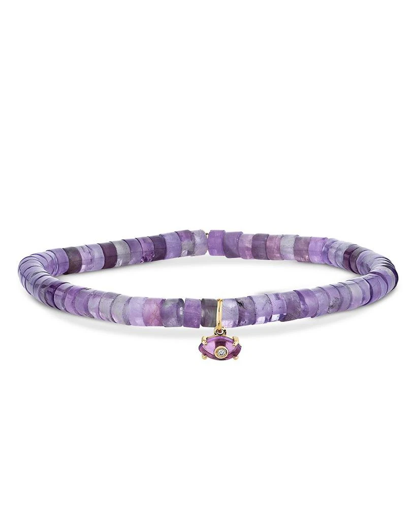 Sydney Evan 14K Yellow Gold Amethyst & Diamond Evil Eye Charm Light Amethyst Heishi Beaded Stretch Bracelet 1