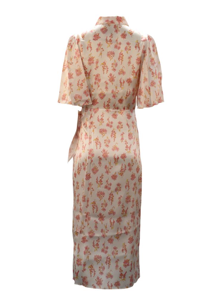LES RÊVERIES Floral Print Wrap Midi Dress in White Silk