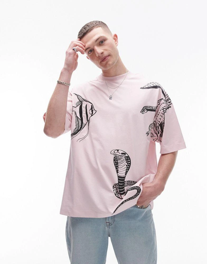 Topman Topman extreme oversized fit t-shirt with animal embroidery in pink 4