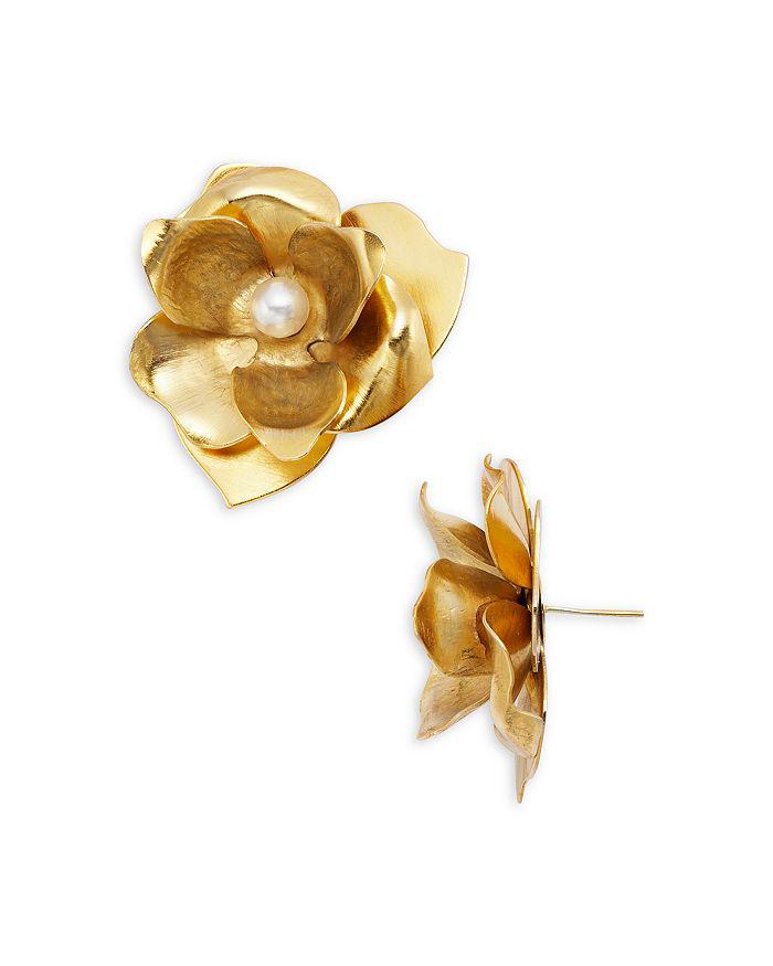 Shashi Emily Swarovski Pearl Rose Statement Stud Earrings in 14K Gold Plated