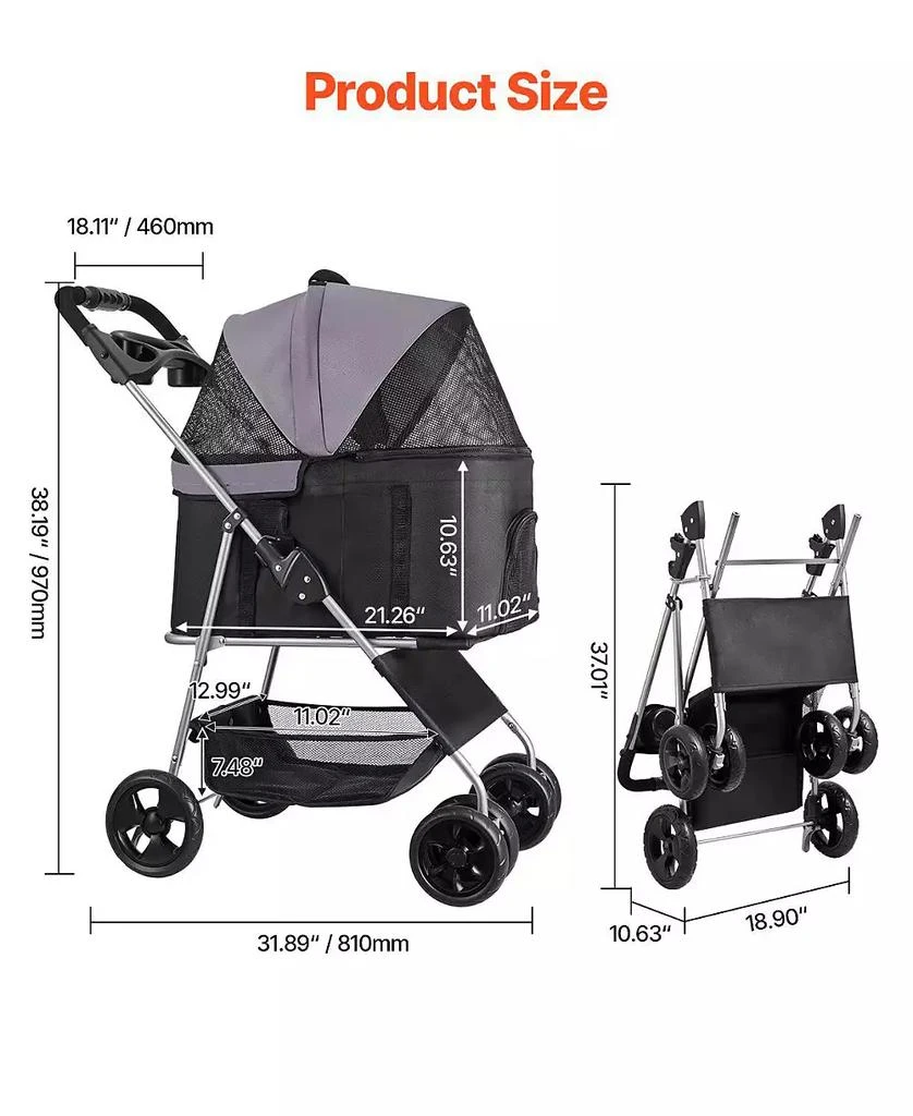 SUGIFT Pet Stroller 35 LB Foldable Dog Stroller 4-Wheel with Detachable Carrier 2