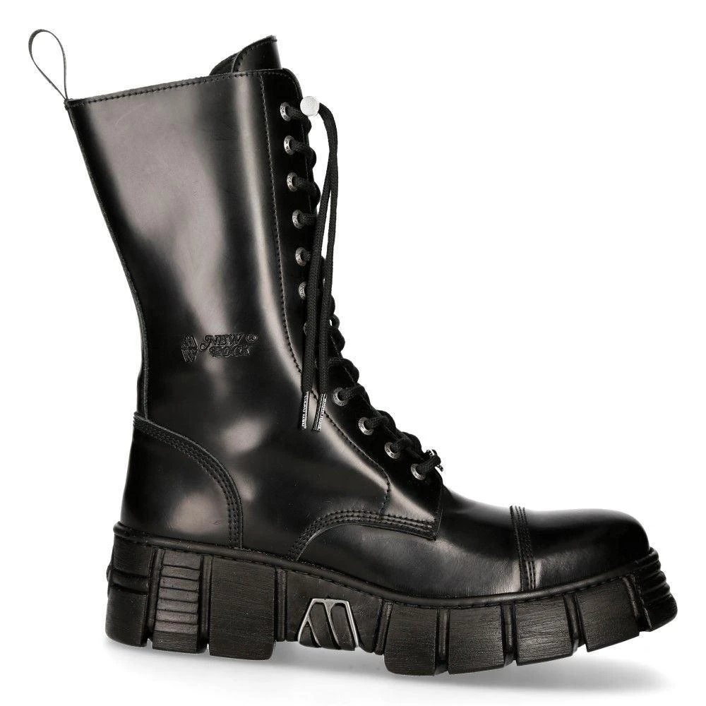 NewRock Black Leather Mid-Calf Tower Biker Boots-M-WALL127N-C1 3