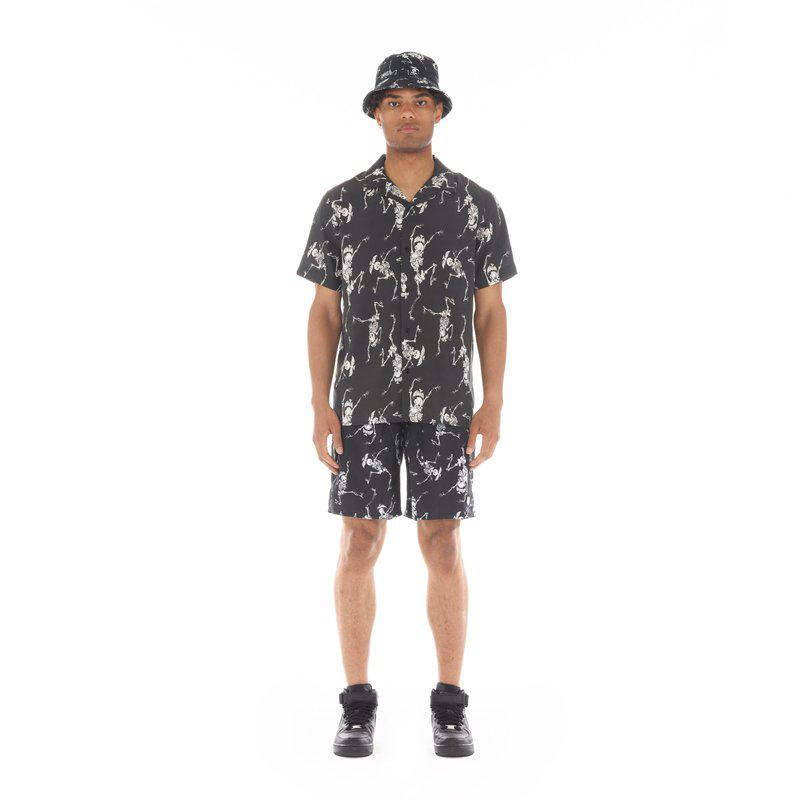 Cult Of Individuality Yakuza Short Sleeve Woven Shirt "Dancing Skeleton" In Black
