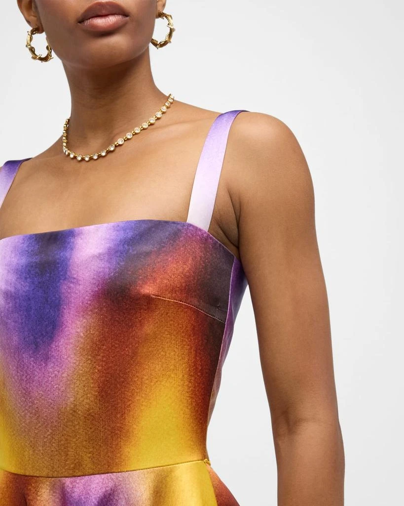 Oscar de la Renta Long Abstract Orchid Satin Fit-Flare Dress 6
