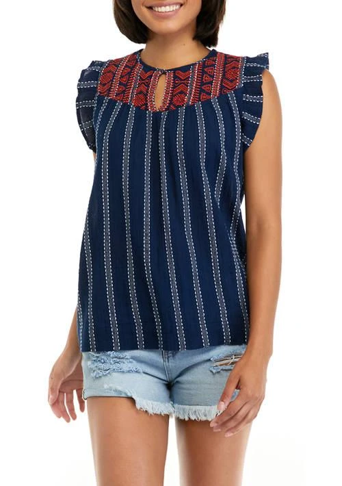Wonderly Womens Flutter Sleeve Embroidered Yoke Top 1