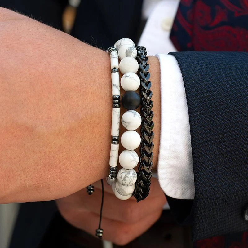 Crucible Jewelry Crucible Los Angeles Hematite and Howlite Tube Stone Hematite Bead Adjustable Cord Tie Bracelet 2