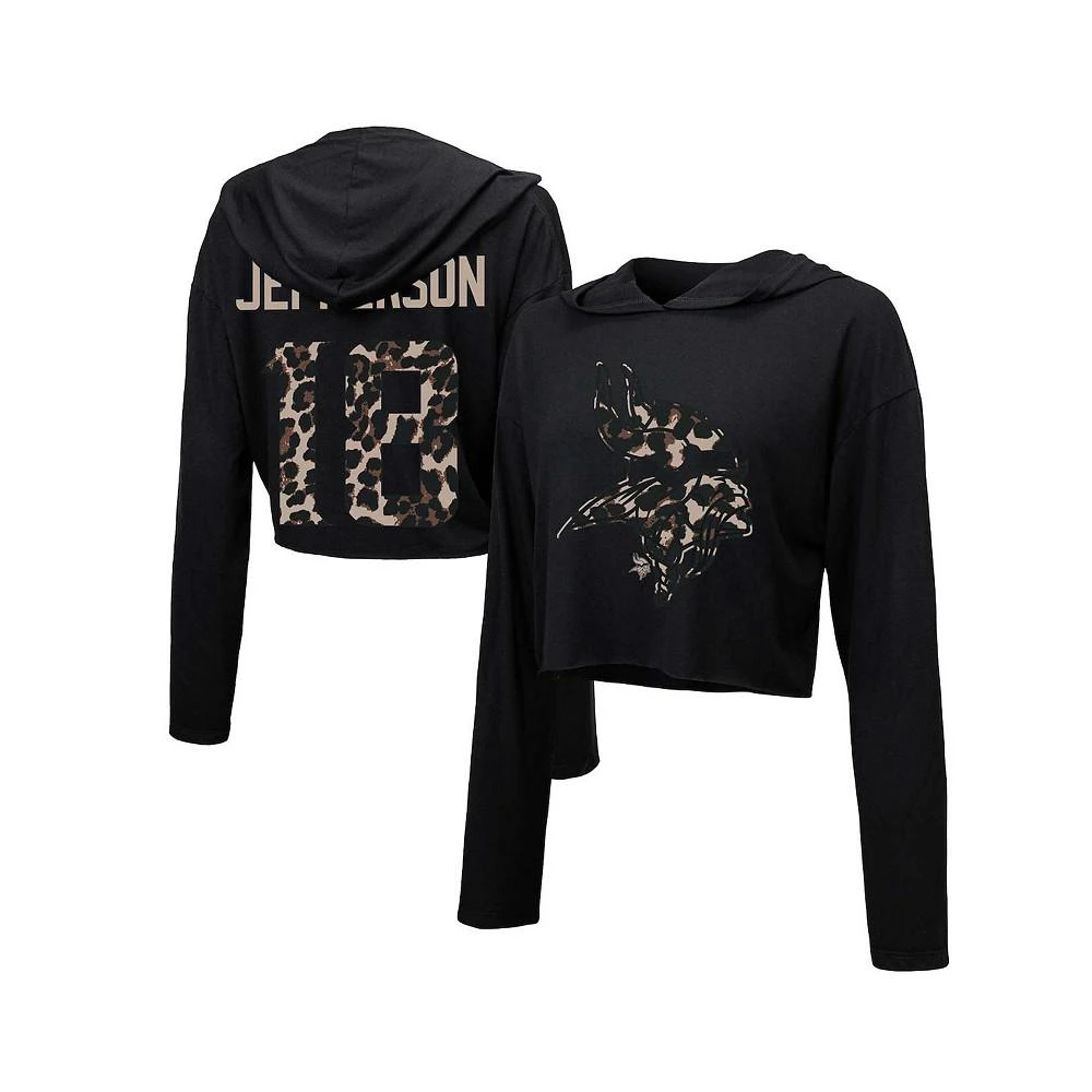 Majestic Women's Threads Justin Jefferson Black Minnesota Vikings Leopard Player Name and Number Long Sleeve Cropped Hoodie 1