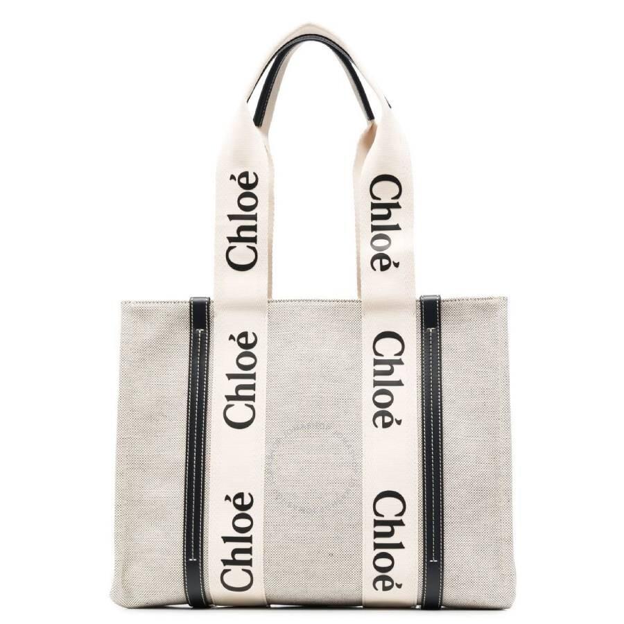 Chloé Medium Woody Linen Logo Tote Bag