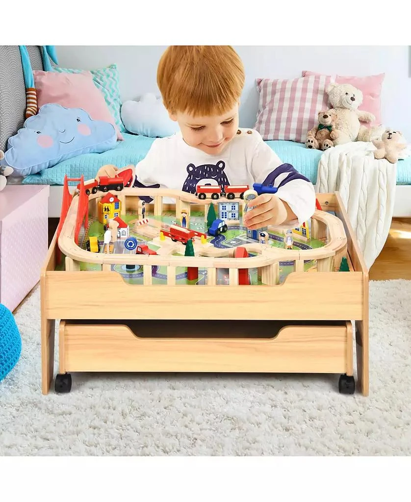 SUGIFT Children
s Wooden Railway Set Table with 100 Pieces Storage Drawers 10