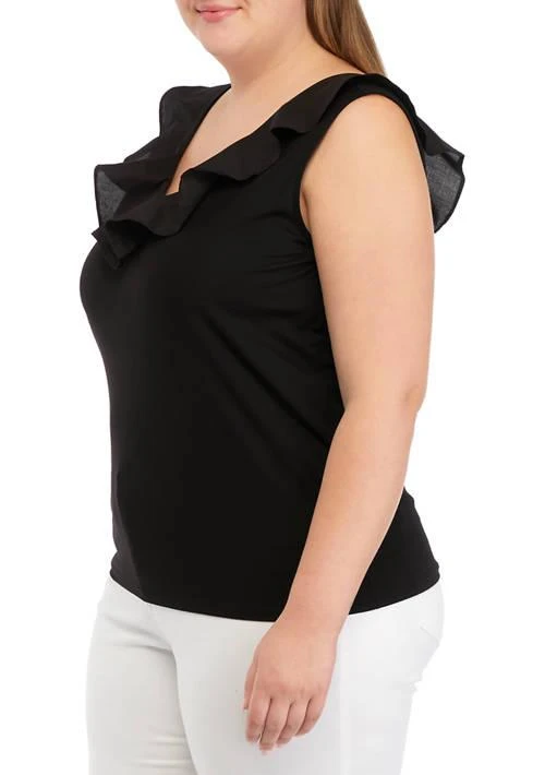 Anne Klein Plus Size Harmony with Woven Combo Double V-Neck Flounce Top 3