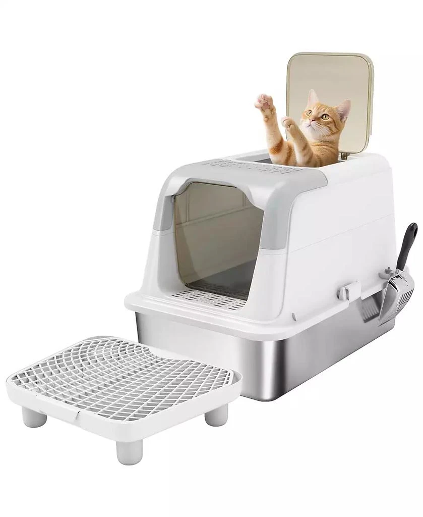 PawHut Stainless Steel Litter Box with Lid, Extra Large Cat Litter Box