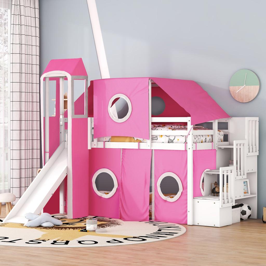 Streamdale Furniture Streamdale Twin Size Loft Bed with Tent and Tower - Pink