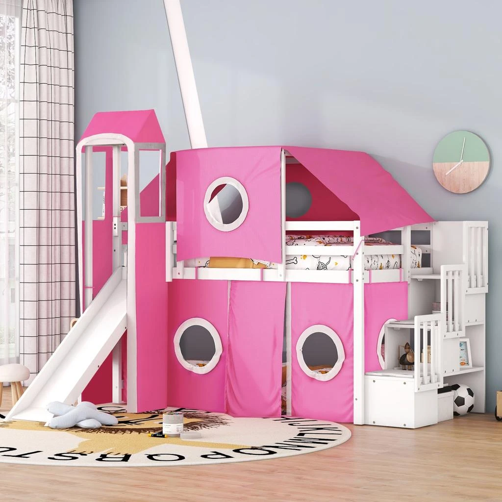 Streamdale Furniture Streamdale Twin Size Loft Bed with Tent and Tower - Pink 1