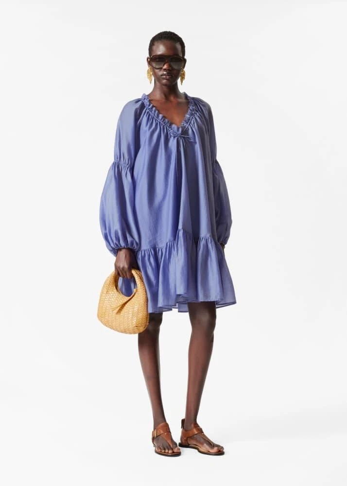 & Other Stories & Other Stories semi sheer mini dress with volume sleeves in blue 2
