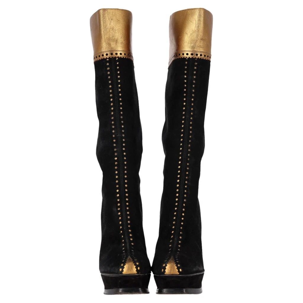 Yves Saint Laurent Laser Cut Detail Knee-High Platform Boots in Black and Gold Suede 2