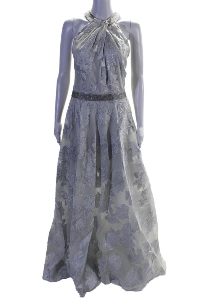 Carmen Marc Valvo Womens Beaded Crew Neck Metallic Floral Gown Silver