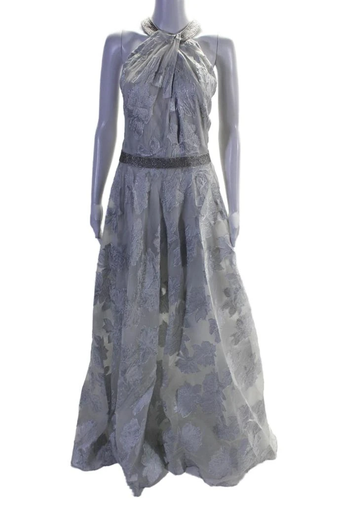 Carmen Marc Valvo Womens Beaded Crew Neck Metallic Floral Gown Silver 1