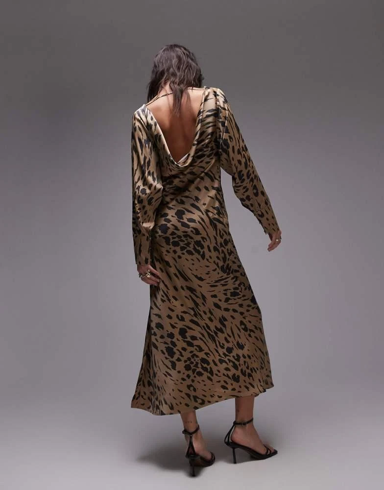 & Other Stories & Other Stories volume sleeve satin maxi dress with drape back detail in leopard print 2