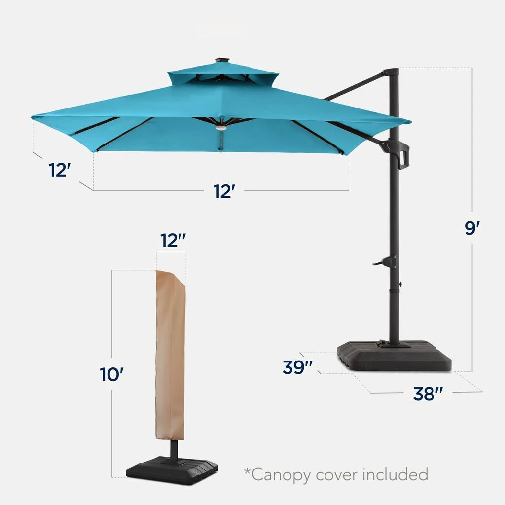 Best Choice Products 12x12ft 2-Tier Square Outdoor Solar LED Cantilever Umbrella w/ 360-Rotating Base  – 2