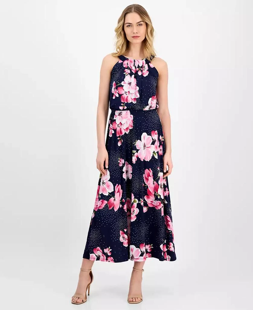 Robbie Bee Petite Floral-Print Pleat-Neck Jersey Dress 1
