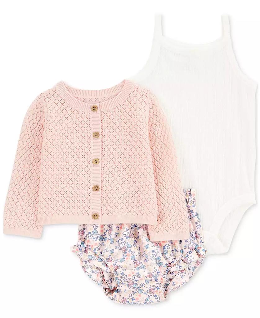 Carter's Baby Girls 3-Pc. Cotton Cardigan, Bodysuit & Floral-Print Shorts Set