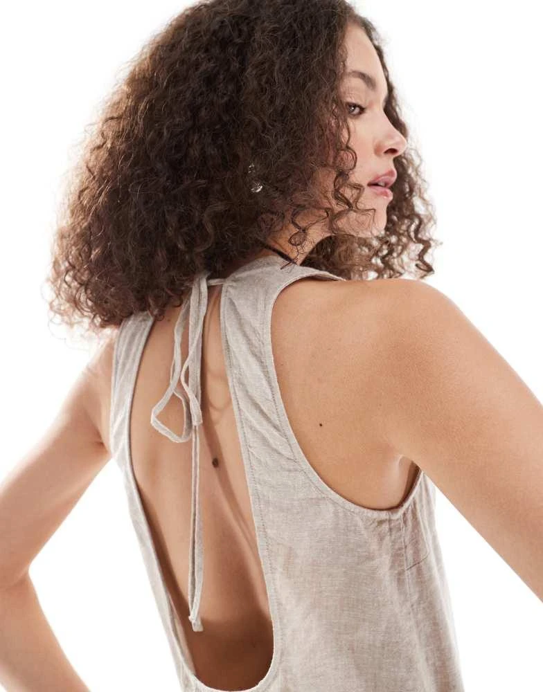 Monki Monki linen mini dress with open back and tie up detail in beige 4