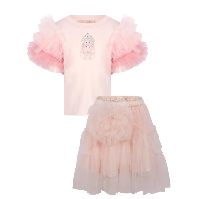 Tutu Du Monde Matryoshka embellishment ruffled tulle sleeves top and hampton mesh skirt set in pink