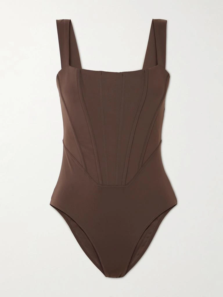 Staud Adelaide Paneled Recycled Swimsuit - Dark brown
